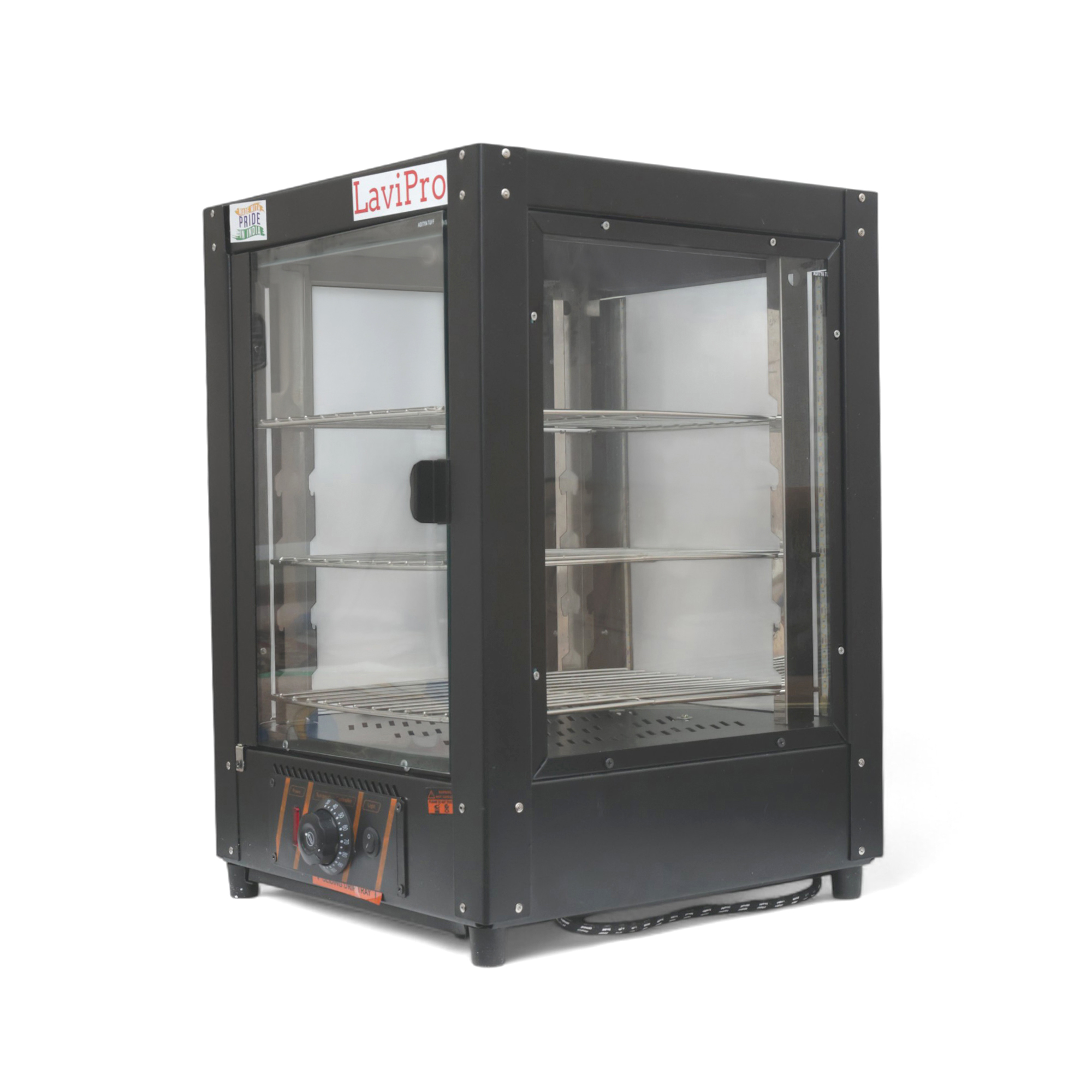 LaviPro 50L Electric Food Display Warmer | 600W Commercial Hot Case with 3 Racks | Steel Countertop Food Warmer for Pizza, Patties, Pastries & Snacks – Full Black | Made in India